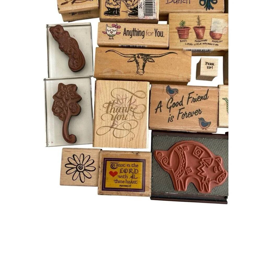 48 Rubber Stamp Lot Wood Mount & Acrylics New and Used Assorted